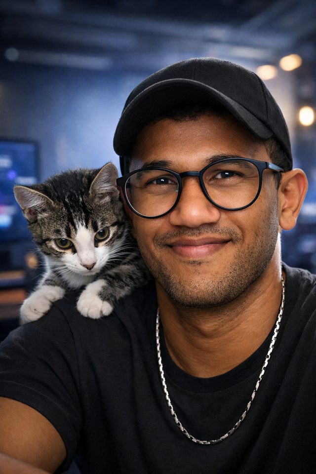 Thon Black, fundador da Epic Corp, de boné e óculos, com o gato Smigow no ombro